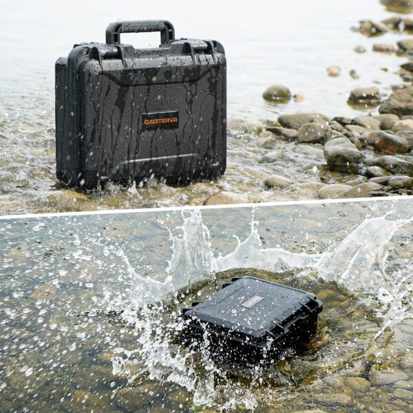 Waterproof equipment case submerged in water splash.