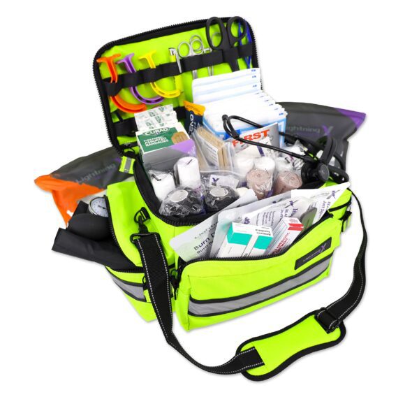 Lightning X Mid-Sized First Responder EMT Bag | LXMB25 | Fully Stocked w/ 240+ First Aid, EMS & Trauma Supplies - Fluorescent Yellow