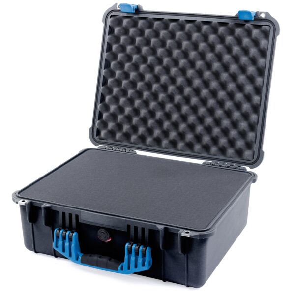 ColorCase Pelican 1550 Case Black - Medium Size Waterproof Case with Pick & Pluck Foam Set & Convoluted Lid Foam - Blue Handles & Latches