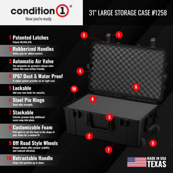 Condition 1 31" Large Waterproof Rolling Hard Travel Case Model 1258 with Wheels, Plastic Lockable, for Electronics, Tactical Gear, Made in USA, 31.6"x20.1"x12.66" Black - Image 5