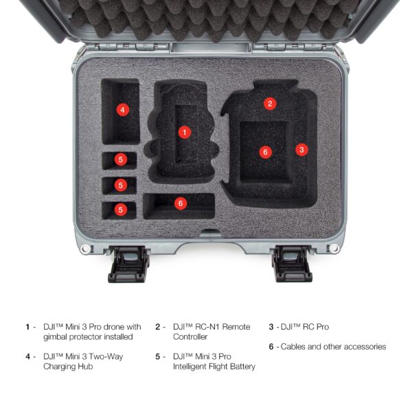 Nanuk 915 Waterproof Hard Case with Custom Insert for DJI Mini 3 or Mini 3 PRO, Fly More Package and RC-N1 or RC Remote - Silver - Image 3