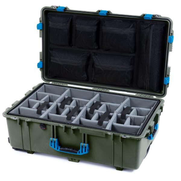 ColorCase Pelican 1650 Case OD Green - Large Sized Waterproof Rolling Case with Grey Padded Dividers & Mesh Lid Organizer - Blue Handles & Latches