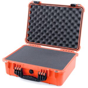 Pelican 1520 Case by ColorCase - Orange - Medium Size Waterproof Case with Pick Pluck Foam Set Convoluted Lid Foam - Black Handles Latches