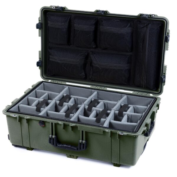 ColorCase Pelican 1650 Case OD Green - Large Sized Waterproof Rolling Case with Grey Padded Dividers & Mesh Lid Organizer - Black Handles & Latches