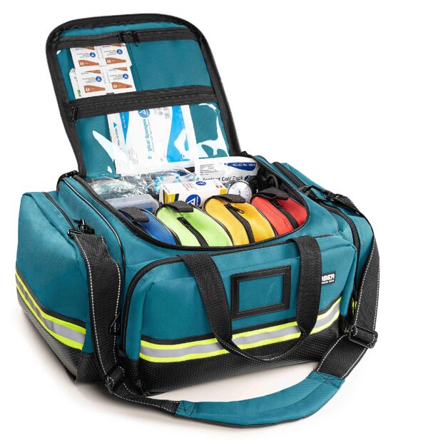 Scherber Fully-Stocked First Responder Professional Advanced EMT/EMS Trauma Kit | HSA/FSA Approved | Reflective Bag w/10+ Compartments, Zippered Pockets & 250+ First Aid Supplies (Blue) - Image 3